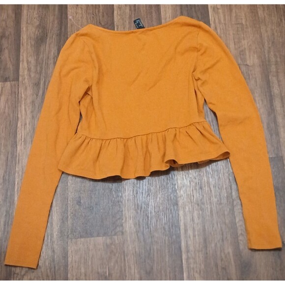 Juniors Small Cropped Peplum Long Sleeve Top Rust Ochre Yellow Boho Y2K - Picture 5 of 9